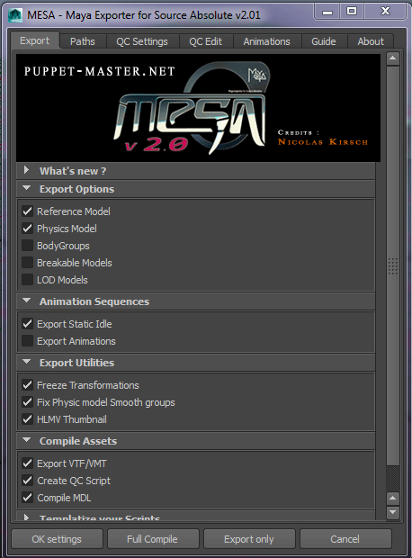 Export tab of the mesa option panel.